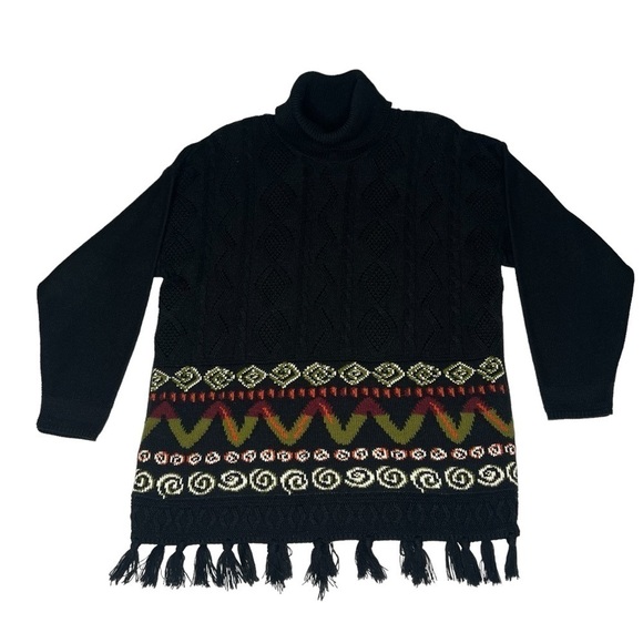 VTG 1980's NORTON MCNAUGHTON Black Cable Knit Turtleneck Geometric Tunic Sweater - Picture 1 of 16